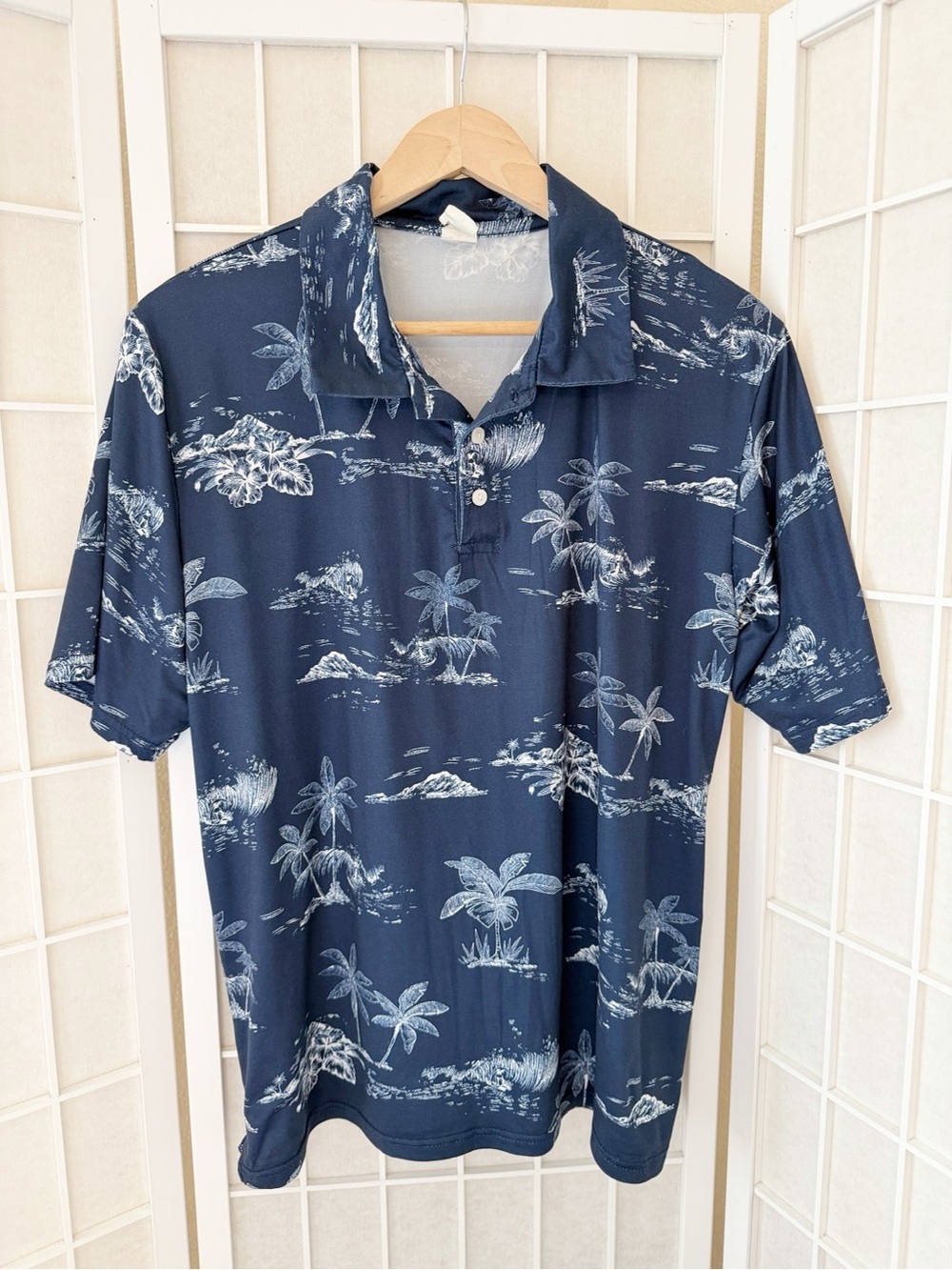 Palmwave Hawaii Blue White Tropical Palm Tree Polo Shirt Medium